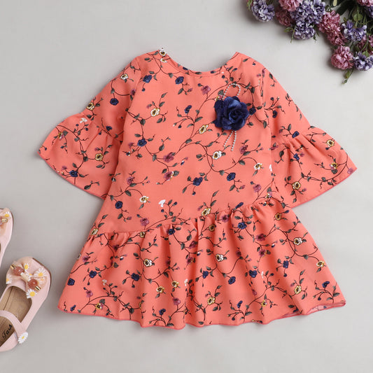 Pretty Floral Print Drop Waist 3/4 Sleeves Dress with Corsage for Girls-Peach