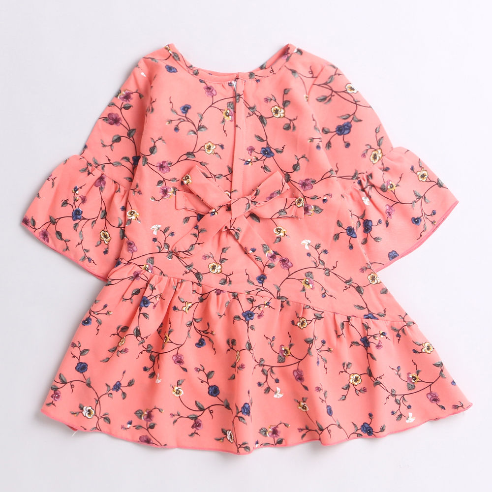 Pretty Floral Print Drop Waist 3/4 Sleeves Dress with Corsage for Girls-Peach