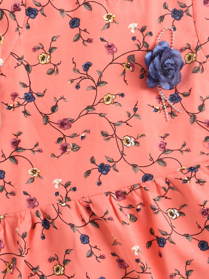 Pretty Floral Print Drop Waist 3/4 Sleeves Dress with Corsage for Girls-Peach
