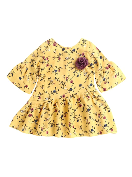 Pretty Floral Print Drop Waist 3/4 Sleeves Dress with Corsage for Girls-Yellow