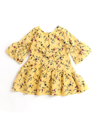 Pretty Floral Print Drop Waist 3/4 Sleeves Dress with Corsage for Girls-Yellow