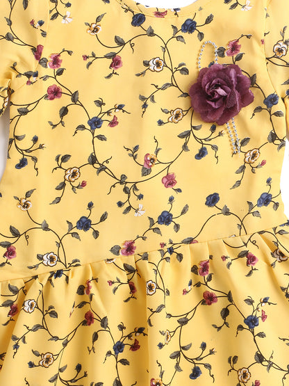 Pretty Floral Print Drop Waist 3/4 Sleeves Dress with Corsage for Girls-Yellow