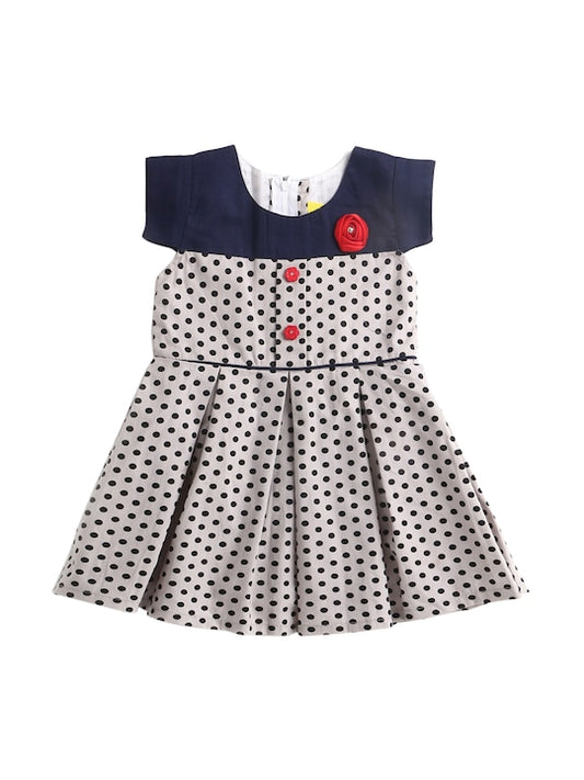 Polka Dot Box Pleated Woven Cotton Dress With Contrast Detail & Corsage-Grey