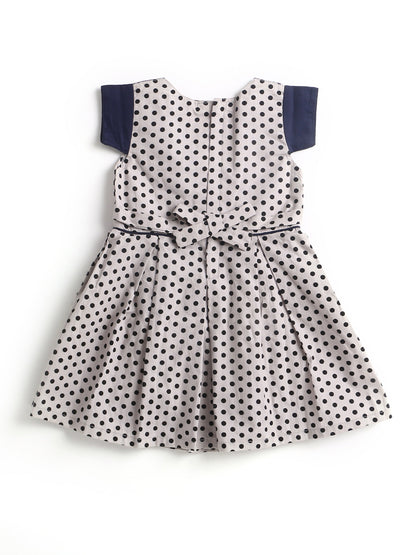 Polka Dot Box Pleated Woven Cotton Dress With Contrast Detail & Corsage-Grey