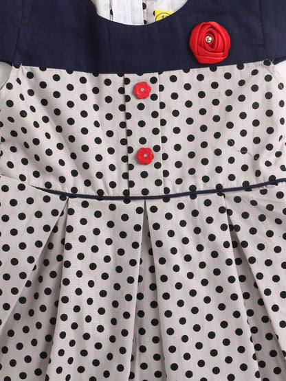 Polka Dot Box Pleated Woven Cotton Dress With Contrast Detail & Corsage-Grey