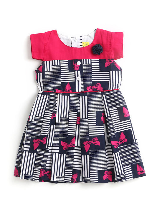 Solid Yoke Cap Sleeves Mix & Match Cotton Printed Dress-Fuschia,Navy