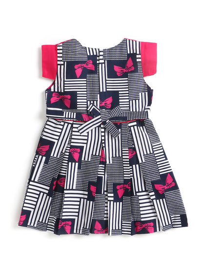 Solid Yoke Cap Sleeves Mix & Match Cotton Printed Dress-Fuschia,Navy