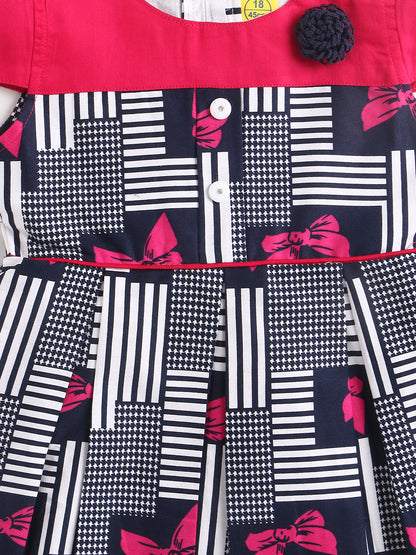Solid Yoke Cap Sleeves Mix & Match Cotton Printed Dress-Fuschia,Navy