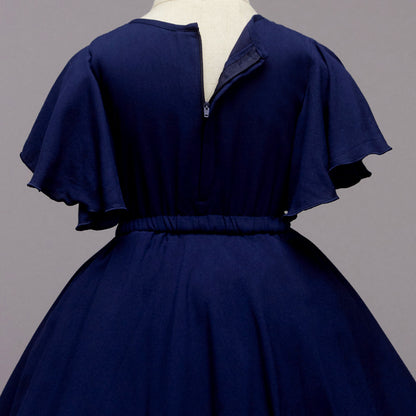 Flared Slevees Solid Pretty Rayon Dress With Elasticated Waist-Navy Blue
