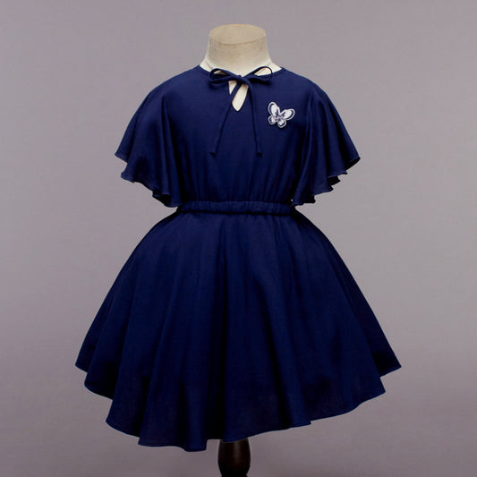 Flared Slevees Solid Pretty Rayon Dress With Elasticated Waist-Navy Blue