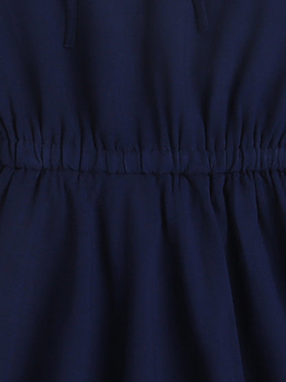 Flared Slevees Solid Pretty Rayon Dress With Elasticated Waist-Navy Blue