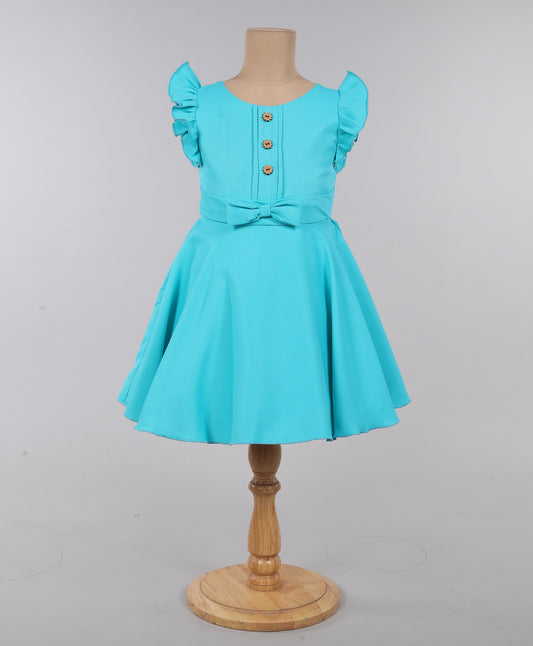 Solid Ruffel Dress With Bow For Girls-Sea Blue
