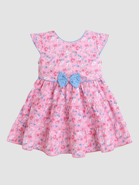 Cap Sleeves Digital Printed Dress With Bow-Pink