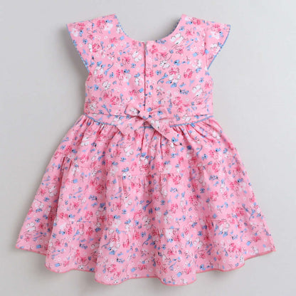 Cap Sleeves Digital Printed Dress With Bow-Pink