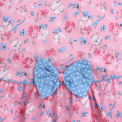 Cap Sleeves Digital Printed Dress With Bow-Pink