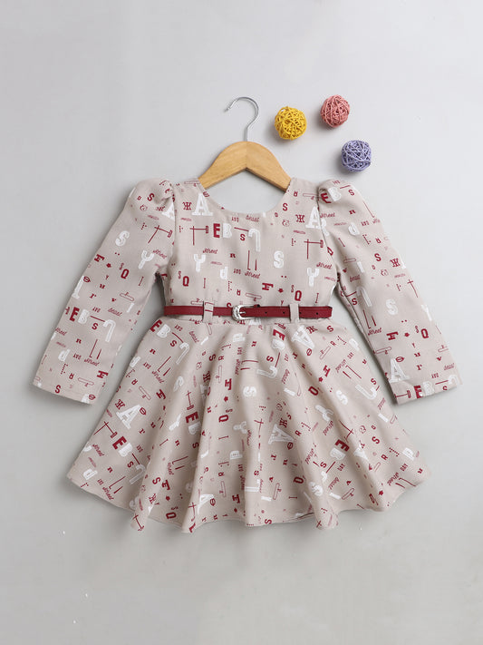 Floral Printed Dress With Belt For Girls-Beige