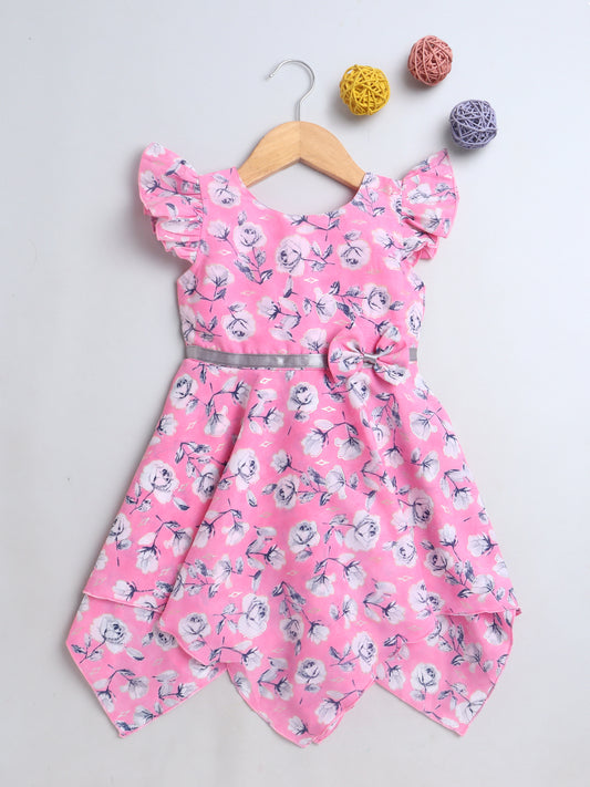 Floral Printed Ruffle Sleeves Dress With Bow For Girls-Pink