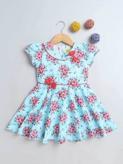 Floral Printed Short Sleeves Dress With Bow For Girls-Green