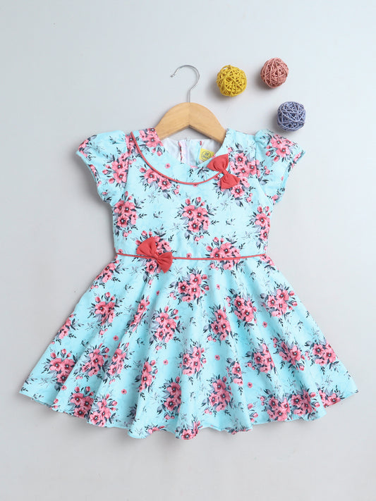 Floral Printed Short Sleeves Dress With Bow For Girls-Green