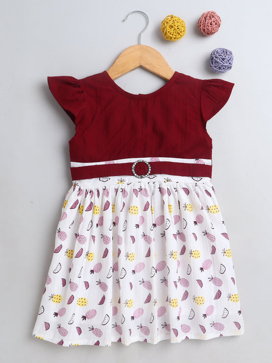 Fruits Printed Cap Sleeves Dress For Girls-Maroon