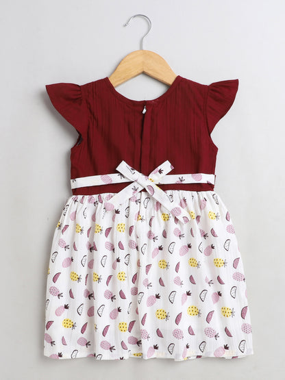 Fruits Printed Cap Sleeves Dress For Girls-Maroon