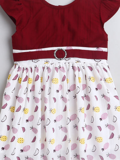 Fruits Printed Cap Sleeves Dress For Girls-Maroon