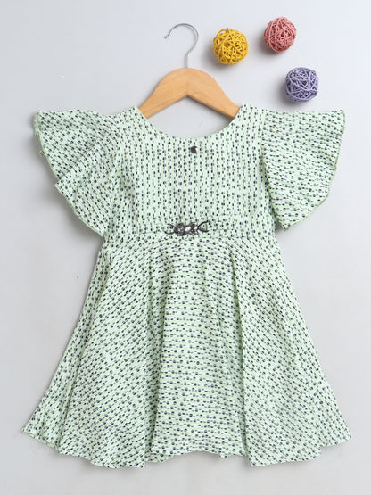 Printed Flutter Sleeves Dress For Girls-Green