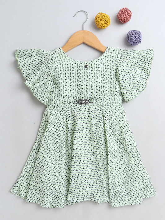 Printed Flutter Sleeves Dress For Girls-Green