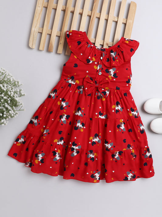 Printed Sleeveless Ruffles at Neck Dress For Girls-Red