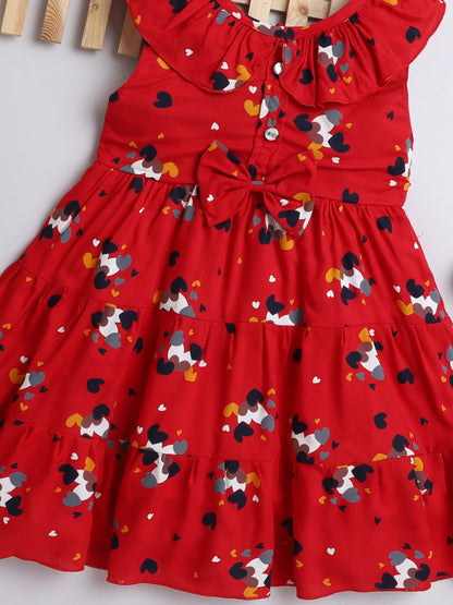 Printed Sleeveless Ruffles at Neck Dress For Girls-Red