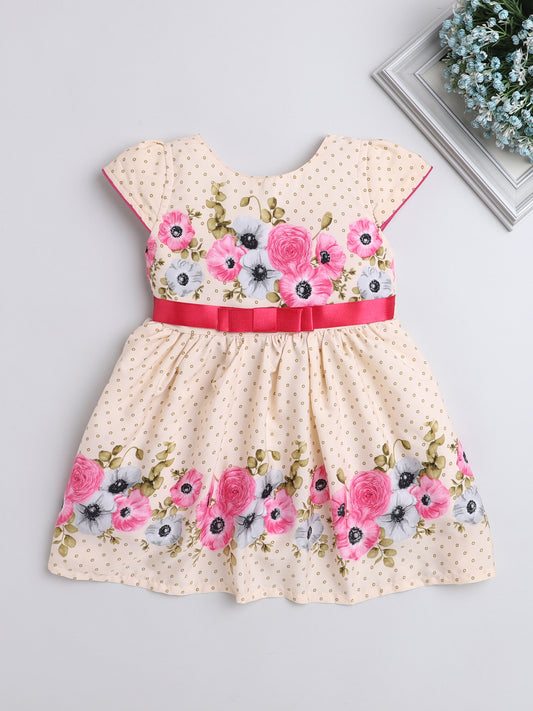 Floral Digital Printed Dress With Belt For Girls-Fuschia