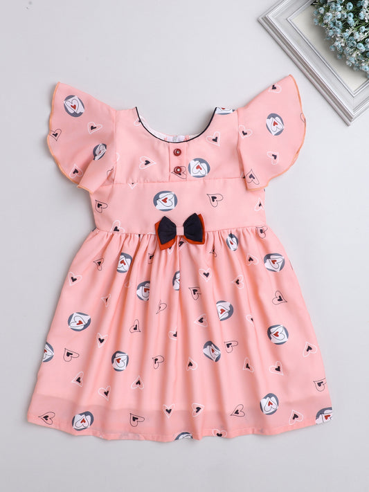 Heart Printed Flutter Sleeve Dress With Bow For Girls-Peach
