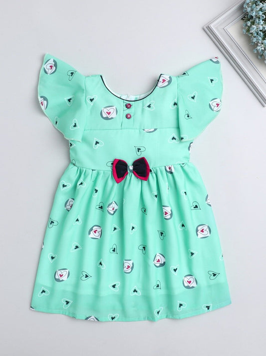 Heart Printed Flutter Sleeve Dress With Bow For Girls-Green