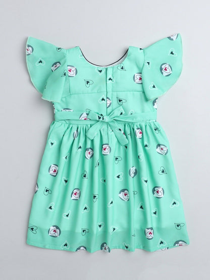 Heart Printed Flutter Sleeve Dress With Bow For Girls-Green