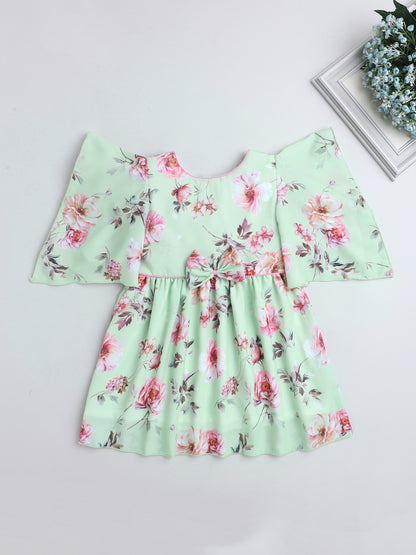 Floral Printed Stylish Sleeves Dress With Bow For Girls-Green