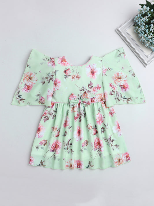 Floral Printed Stylish Sleeves Dress With Bow For Girls-Green
