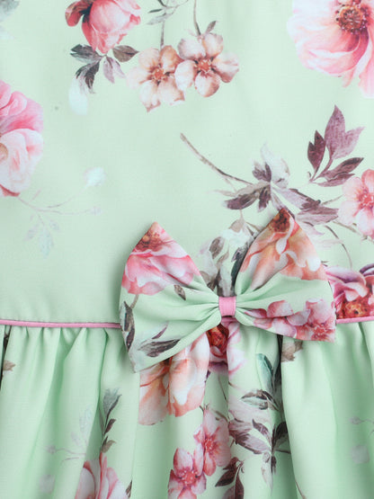 Floral Printed Stylish Sleeves Dress With Bow For Girls-Green