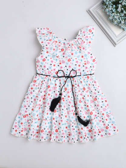 Ditsy Printed Cap Sleeves Dress For Girls-Pink