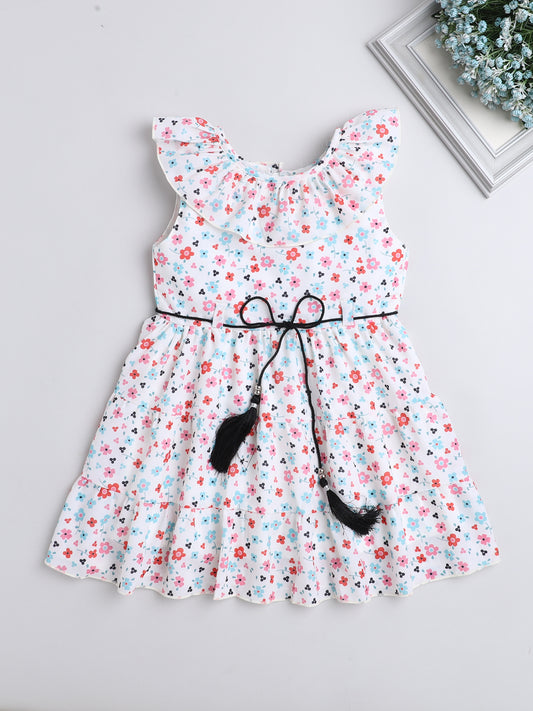 Ditsy Printed Cap Sleeves Dress For Girls-Pink