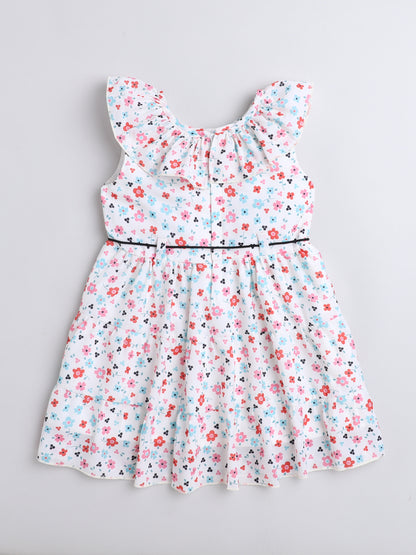 Ditsy Printed Cap Sleeves Dress For Girls-Pink