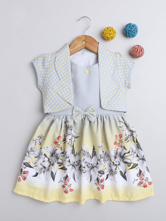 Sleeveless Bow Embellished Digital Floral Printed Dress With Short Sleeves Dotted Print Jacket - Yellow