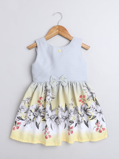 Sleeveless Bow Embellished Digital Floral Printed Dress With Short Sleeves Dotted Print Jacket - Yellow