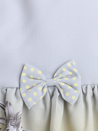 Sleeveless Bow Embellished Digital Floral Printed Dress With Short Sleeves Dotted Print Jacket - Yellow