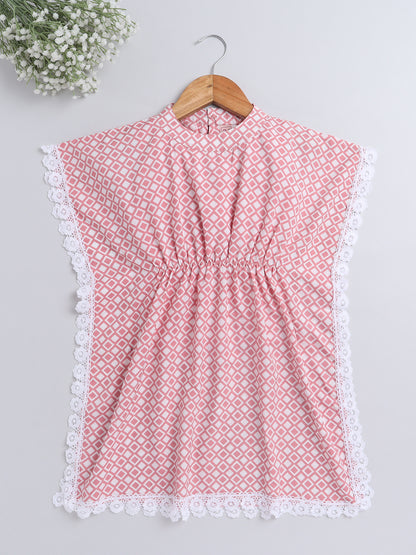Geomertic Printed Lace Embelished Half Sleeves Kaftan Dress For Girls-Peach