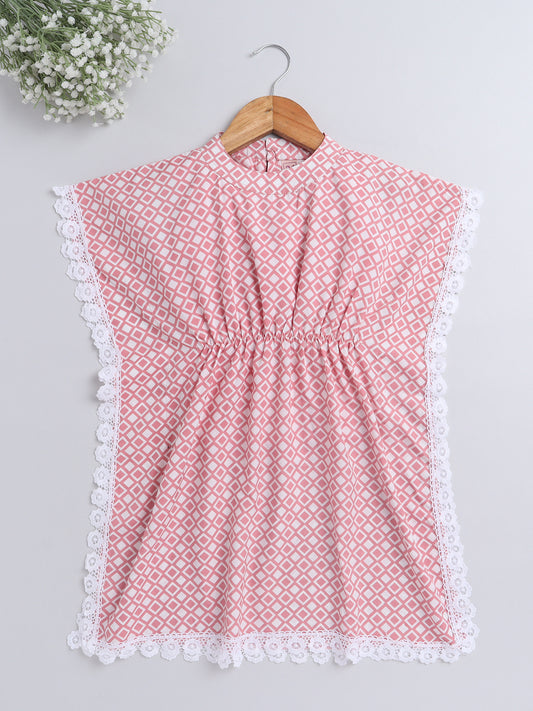 Geomertic Printed Lace Embelished Half Sleeves Kaftan Dress For Girls-Peach