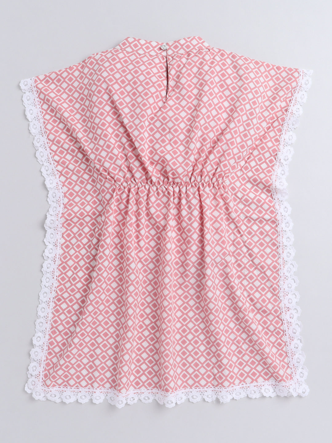 Geomertic Printed Lace Embelished Half Sleeves Kaftan Dress For Girls-Peach