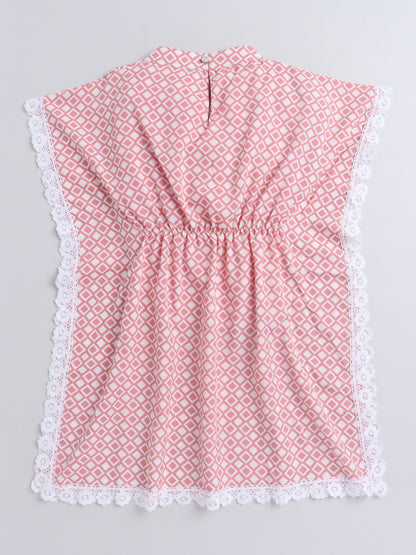 Geomertic Printed Lace Embelished Half Sleeves Kaftan Dress For Girls-Peach
