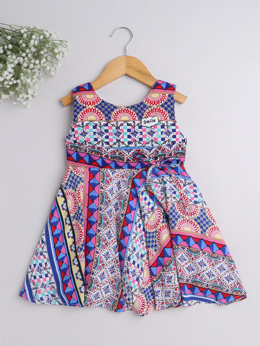 Abstract Printed Sleeveless Dress With Corsage For Girls-Blue