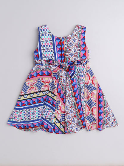 Abstract Printed Sleeveless Dress With Corsage For Girls-Blue