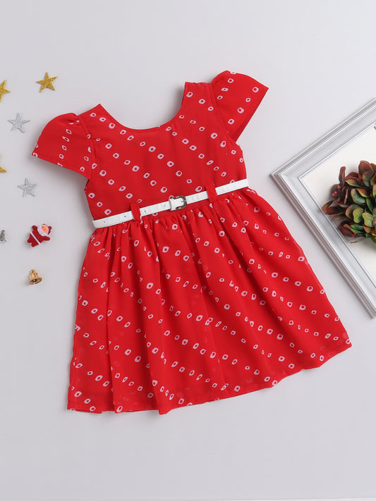 Xmas Square Dots Printed Cap Sleeves Dress With Contrast Belt For Girls-Red